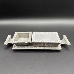 Ashtray and Cigarette Holder Pewter Vintage Rare Embossed Stone/Hen Holon/Israel